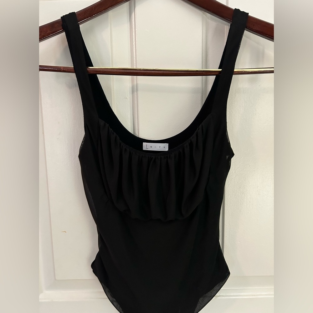 EUC Leith Nordstrom Bodysuit Tank with Ruched Empire Bust in Black, Size XS